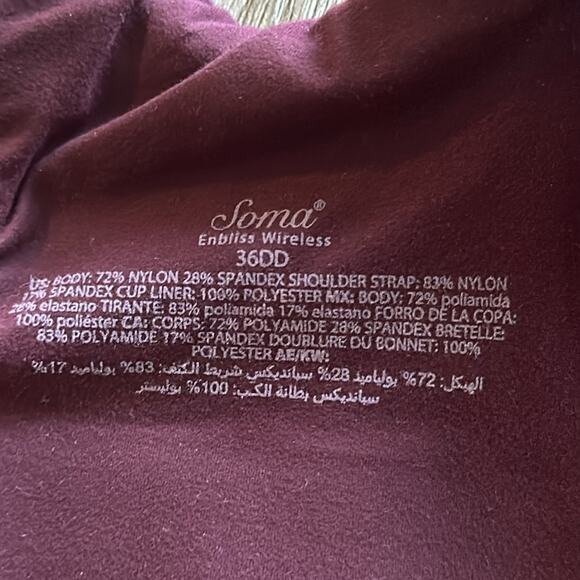 Soma Enbliss Wireless Bra Maroon Size 36DD - Picture 3 of 3